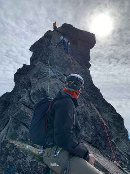 Multi-pitch alpine climb on the Upper Exum Ridge of the Grand Teton, Wyoming