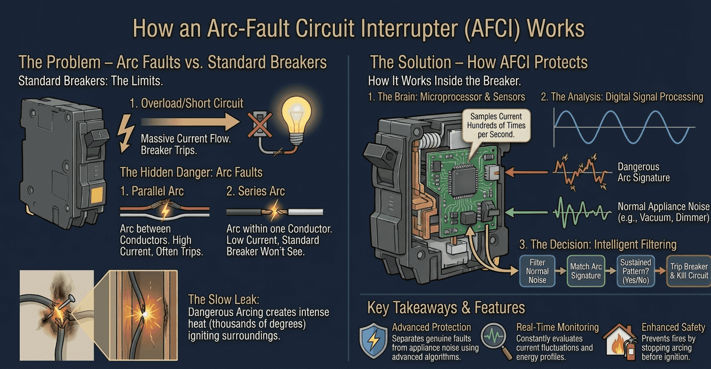 Infographic: How an AFCI works. Left side shows the problem: standard breakers only catch overloads and short circuits, missing parallel arcs between conductors and series arcs within a single conductor that generate intense heat. Photo shows damaged wiring arcing and igniting. Right side shows the solution: an AFCI breaker's internal circuit board with microprocessor samples current hundreds of times per second, digital signal processing distinguishes dangerous arc signatures from normal appliance noise, and an intelligent filtering flow (filter noise, match arc signature, confirm sustained pattern, trip breaker) stops arcing before ignition.