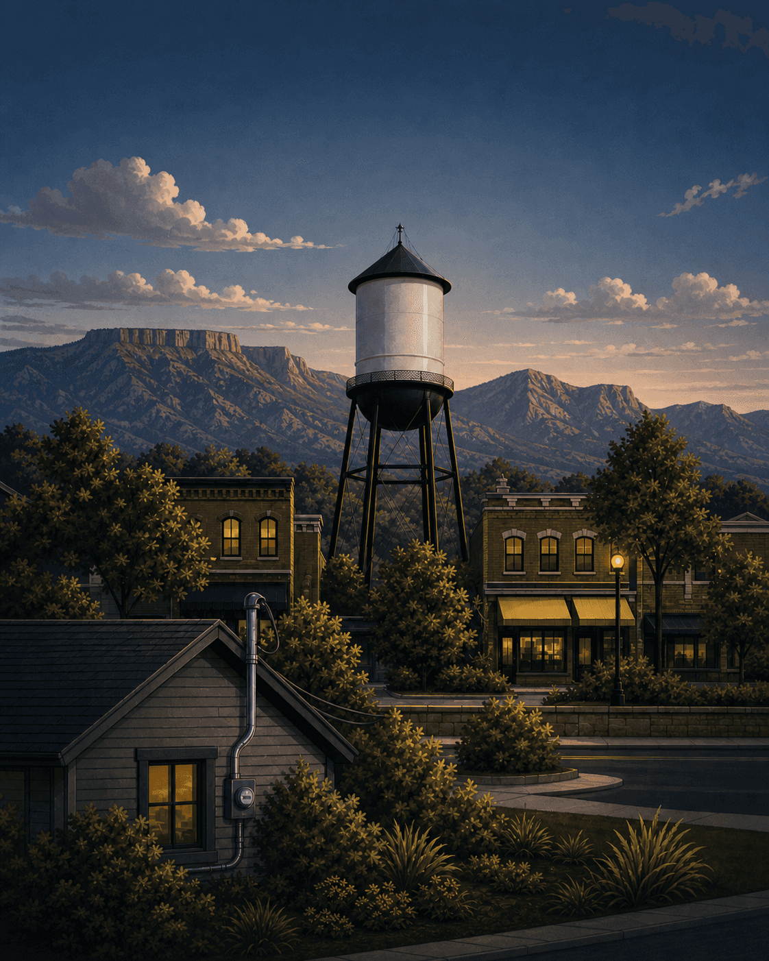 Illustrated dusk view of Arvada, Colorado: the historic water tower above Olde Town's brick storefronts, the Front Range foothills behind, and a foreground home with an electrical service mast and meter