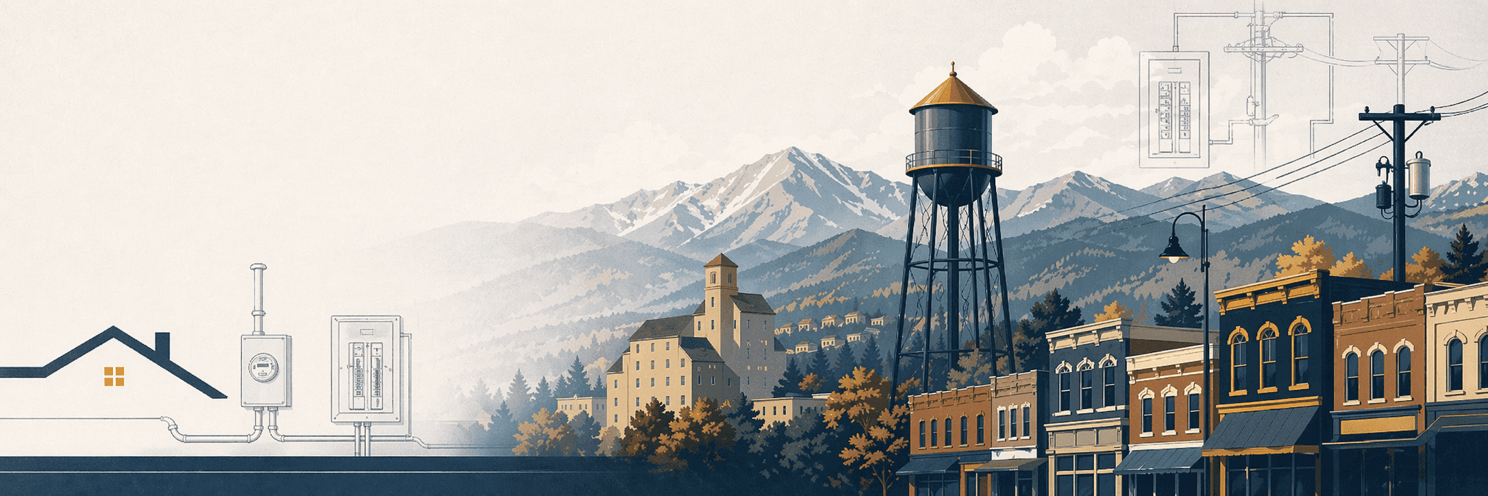 Illustrated Arvada scene featuring the iconic Arvada water tower, Olde Town's historic brick storefronts, the Front Range foothills, and electrical panel and utility infrastructure diagrams representing Dunlap Electric's work across Arvada neighborhoods