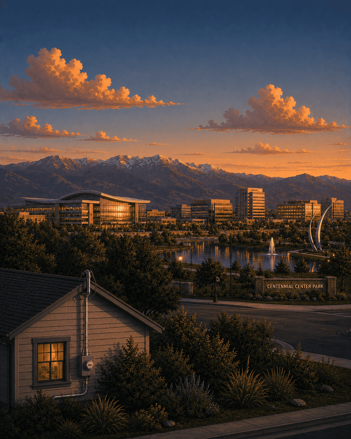Illustrated sunset view of Centennial, Colorado: Centennial Center Park with its lake and the modern city-center buildings, the Front Range foothills behind, and a foreground home with its electrical meter and service