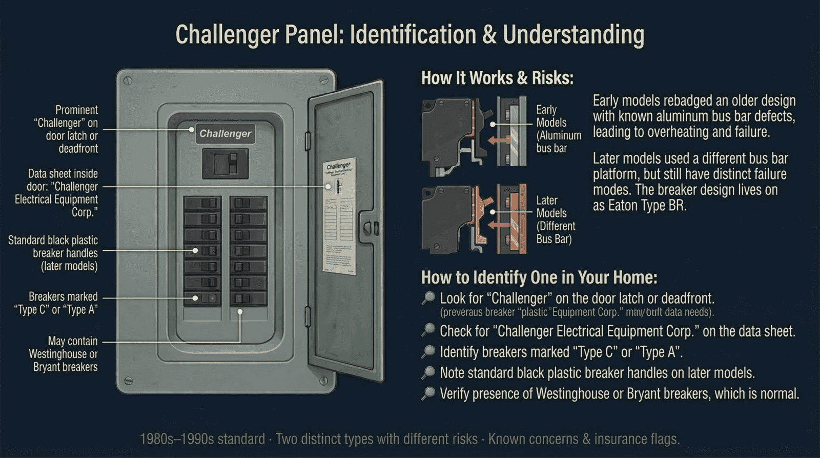 Annotated Challenger panel identification diagram showing key features, two panel types, and bus bar comparison