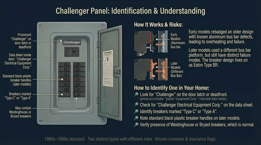 Annotated Challenger panel identification diagram showing key features, two panel types, and bus bar comparison