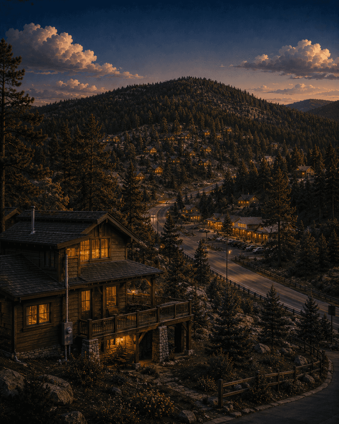 Illustrated dusk view of Conifer, Colorado: a timber mountain home on a forested hillside above the U.S. 285 corridor, pine slopes and scattered house lights climbing the mountain behind, with the home's electrical service mast at its side