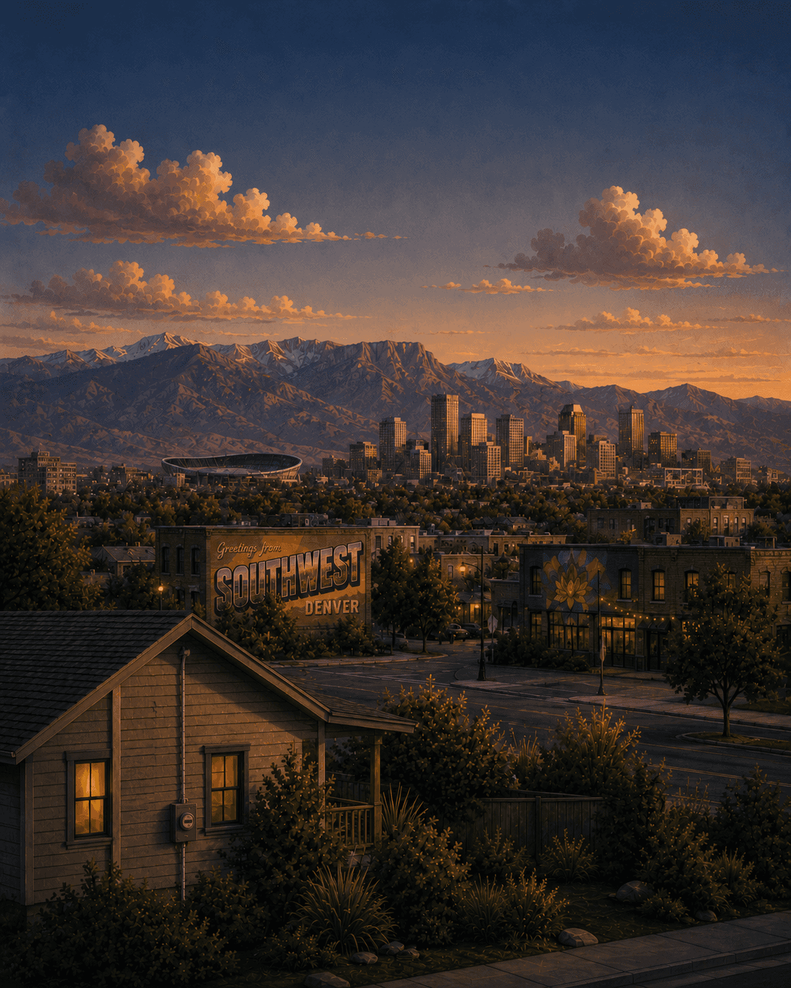Illustrated sunset view of Southwest Denver, Colorado: a 'Southwest Denver' mural on a neighborhood brick building, the downtown skyline and a stadium with the Front Range behind, and a foreground ranch home with its electrical meter on the wall
