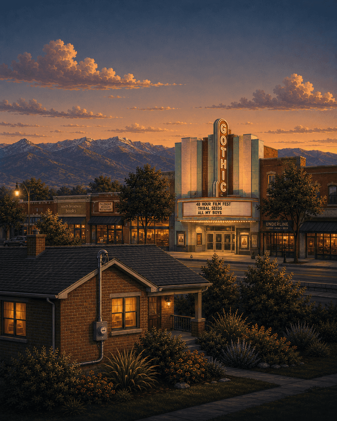 Illustrated sunset view of Englewood, Colorado: the historic Gothic Theatre marquee on South Broadway, the city's modest brick storefronts, the Front Range foothills behind, and a foreground brick bungalow with its electrical meter and service