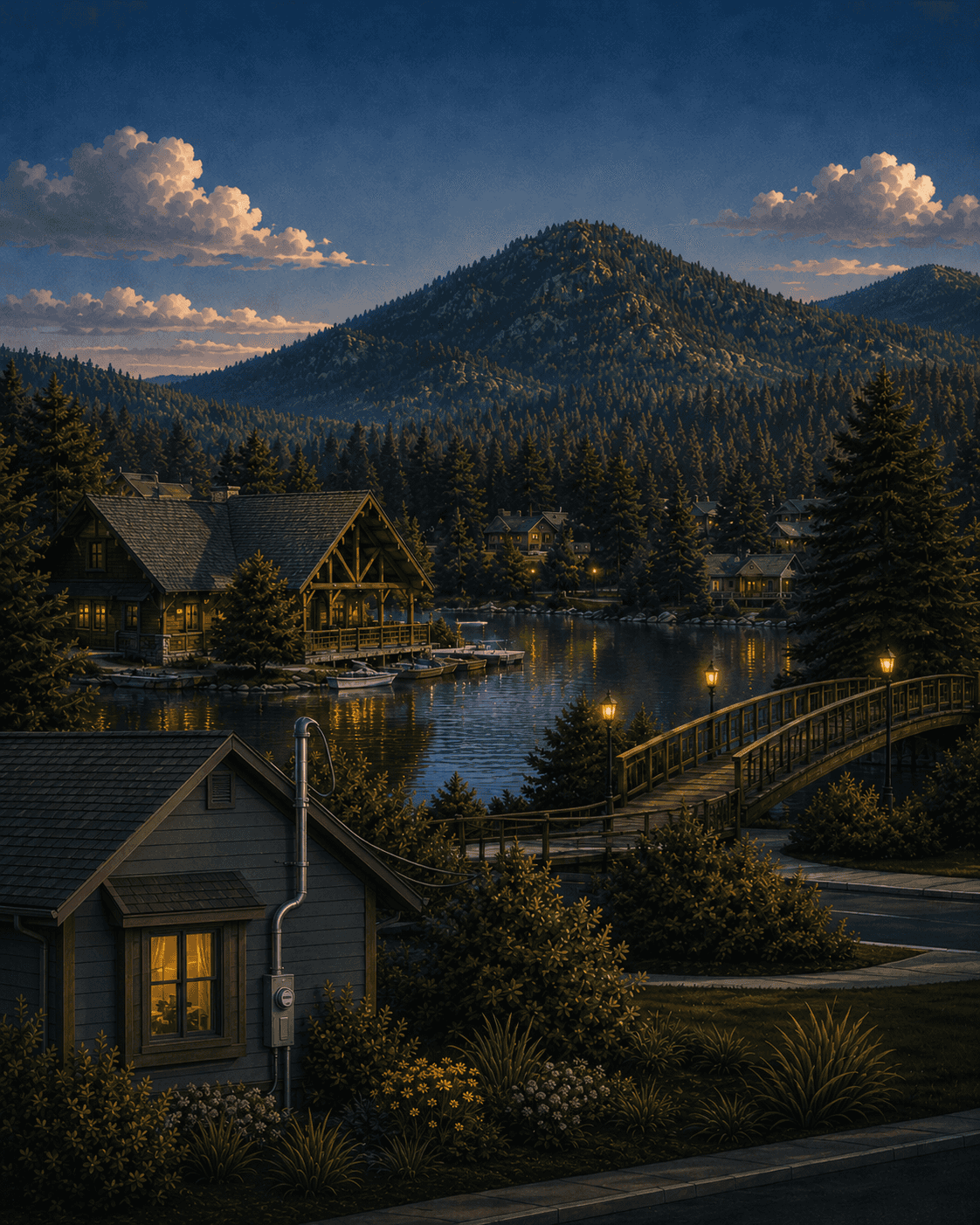 Illustrated dusk view of Evergreen, Colorado: the timber Evergreen Lake House on the water below pine-covered foothills, a footbridge over the lake, and a foreground home with an electrical service mast and meter
