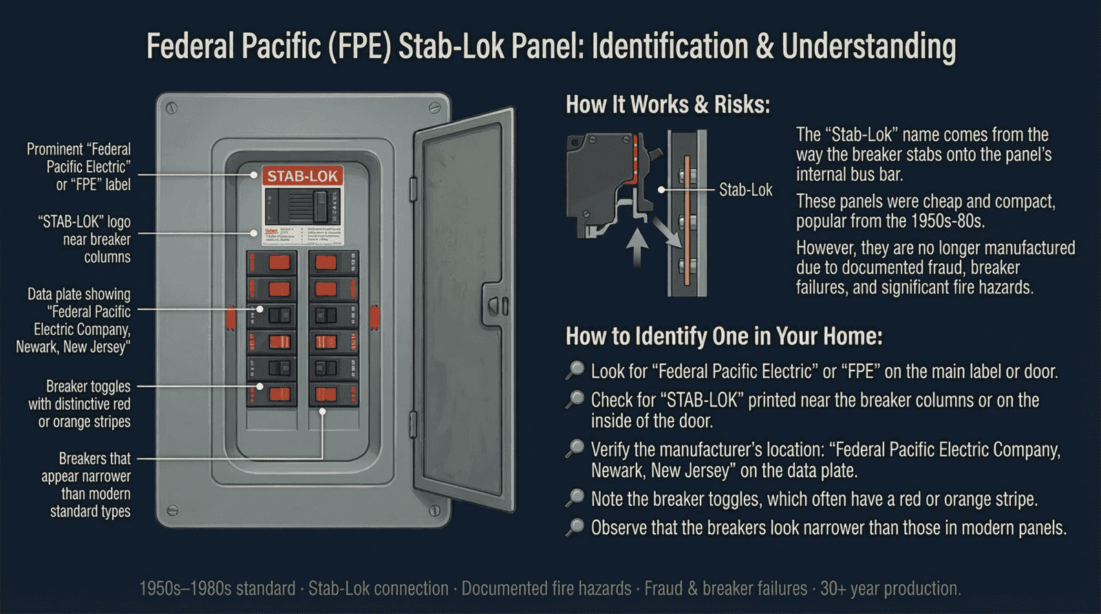 Annotated FPE Stab-Lok panel identification diagram showing key features, connection detail, and what to look for