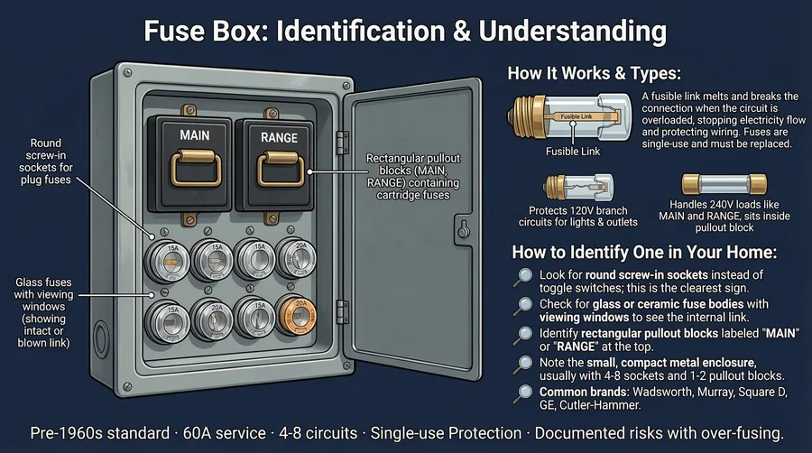 Annotated fuse box identification diagram showing round screw-in fuses, main pullout block, and cartridge fuses