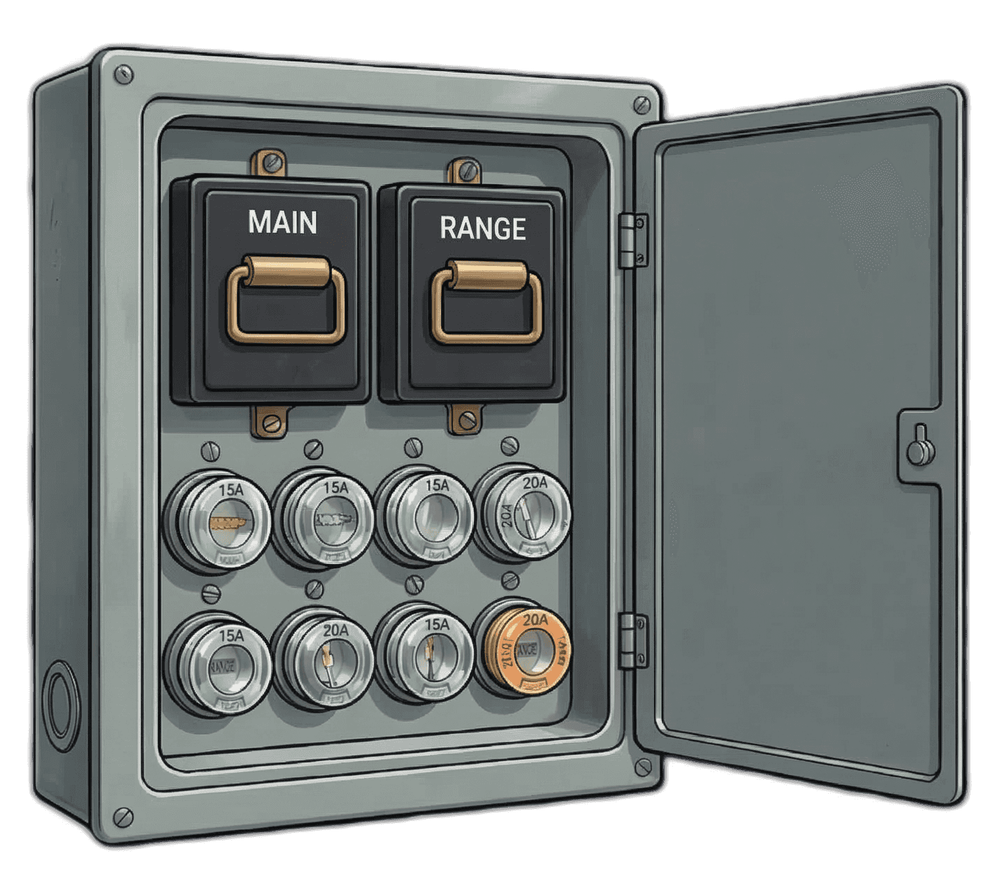 Fuse box electrical panel illustration with round screw-in fuses