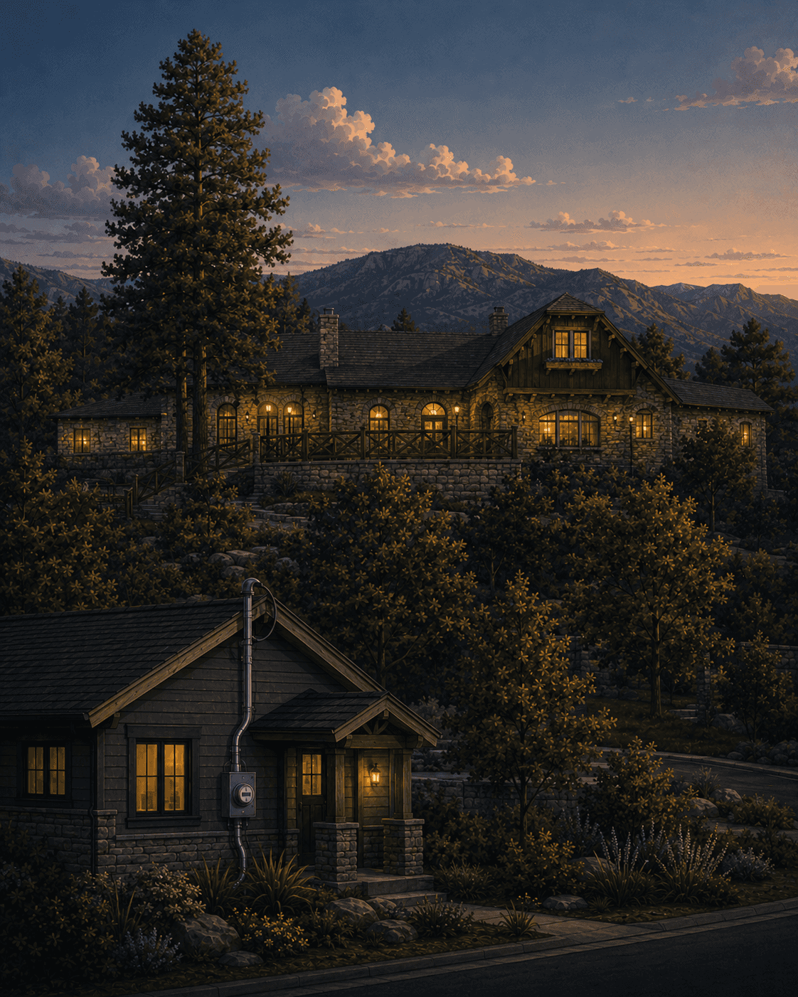 Illustrated dusk view of Genesee, Colorado: a stone-and-timber foothills home set among pines on the mountainside, the Front Range behind, and a foreground home with its electrical meter and conduit riser on the wall