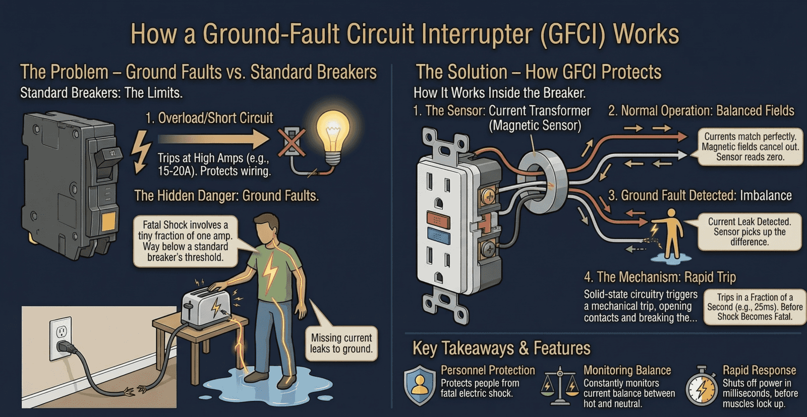 Infographic: How a Ground-Fault Circuit Interrupter (GFCI) works. Left side shows the problem: standard breakers trip at 15-20 amps for overloads and short circuits, but a fatal shock involves a tiny fraction of one amp, far below a standard breaker's threshold. Shows a person contacting electricity through water with current leaking to ground. Right side shows the solution: a GFCI uses a current transformer (magnetic sensor) to monitor balance between hot and neutral. When current leaks out of the circuit, the sensor detects the imbalance and solid-state circuitry triggers a rapid trip in approximately 25 milliseconds, before a shock becomes fatal.