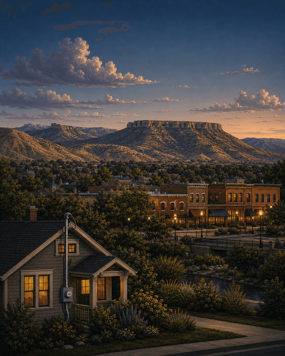 Illustrated sunset view of Golden, Colorado: the flat-topped mesa above the historic downtown brick storefronts, the Clear Creek corridor, and a foreground clapboard home with its electrical meter on the wall