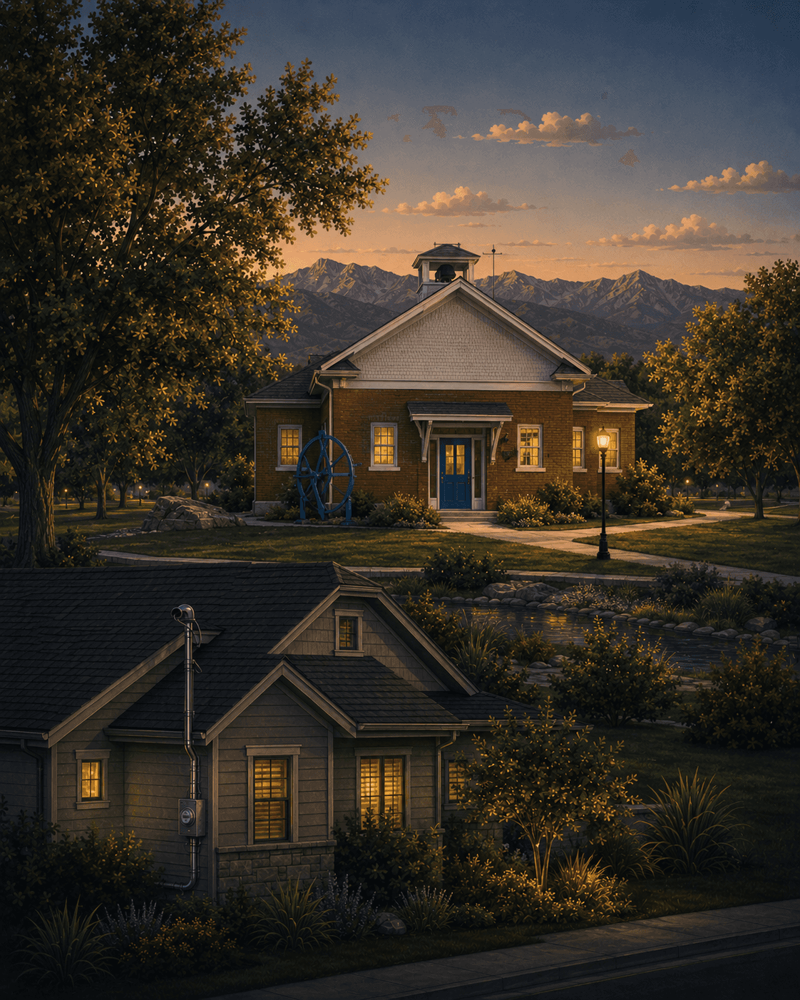 Illustrated sunset view of Greenwood Village, Colorado: a historic brick schoolhouse with a bell cupola and a vintage waterwheel sculpture out front, the Front Range foothills behind, and a foreground shingled home with its electrical meter and service