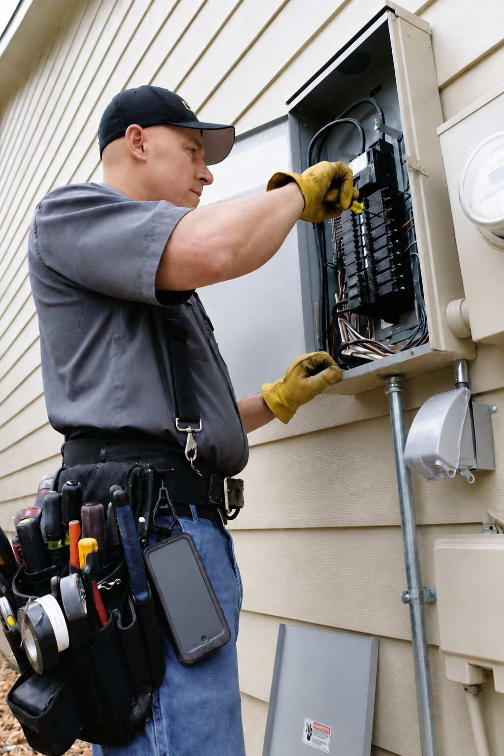 Jesse Dunlap, Dunlap Electric, working on an exterior electrical panel