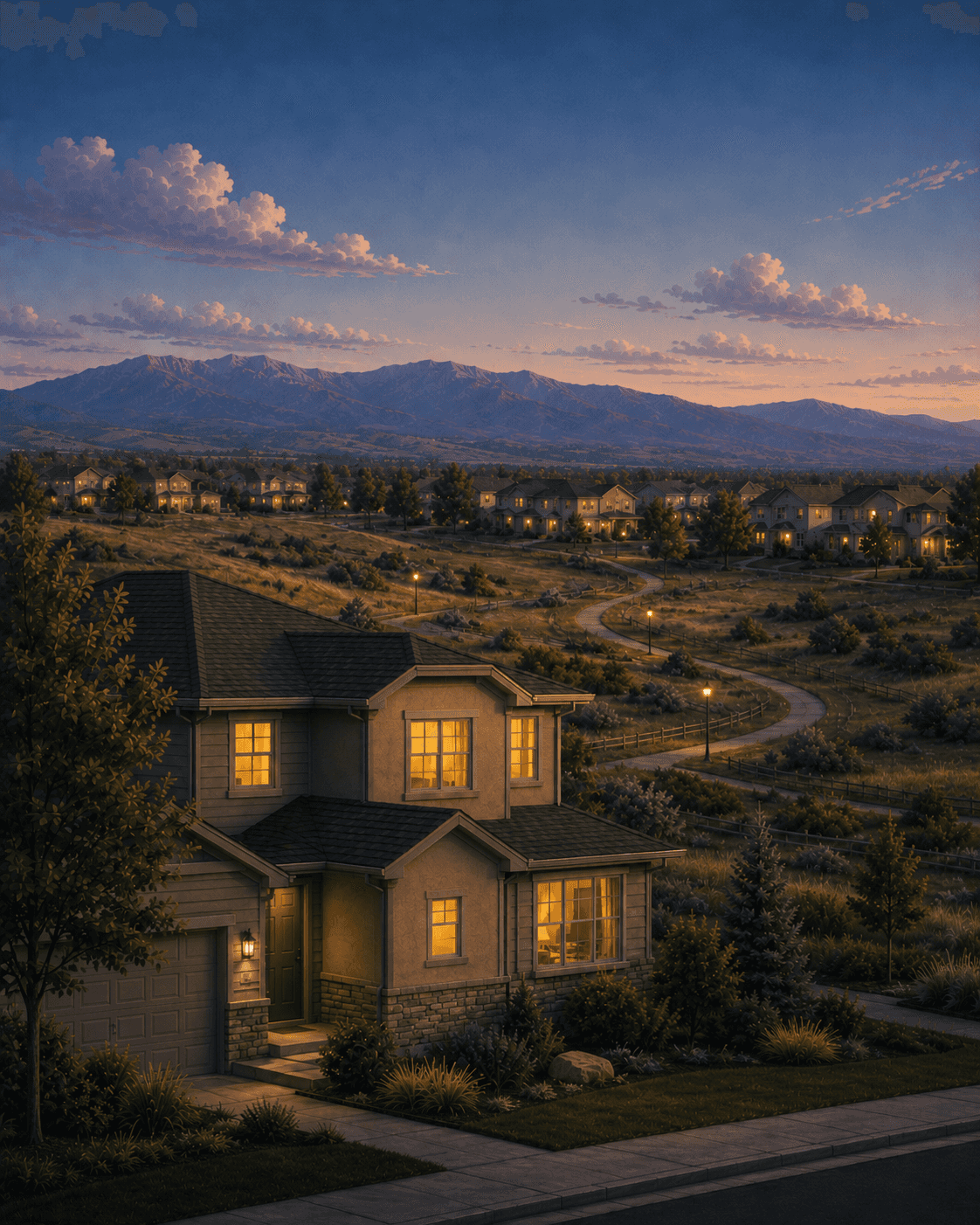 Illustrated dusk view of Highlands Ranch, Colorado: a two-story suburban home above a winding open-space trail, rows of similar master-planned homes across the rolling foothills behind, and the Front Range at dusk