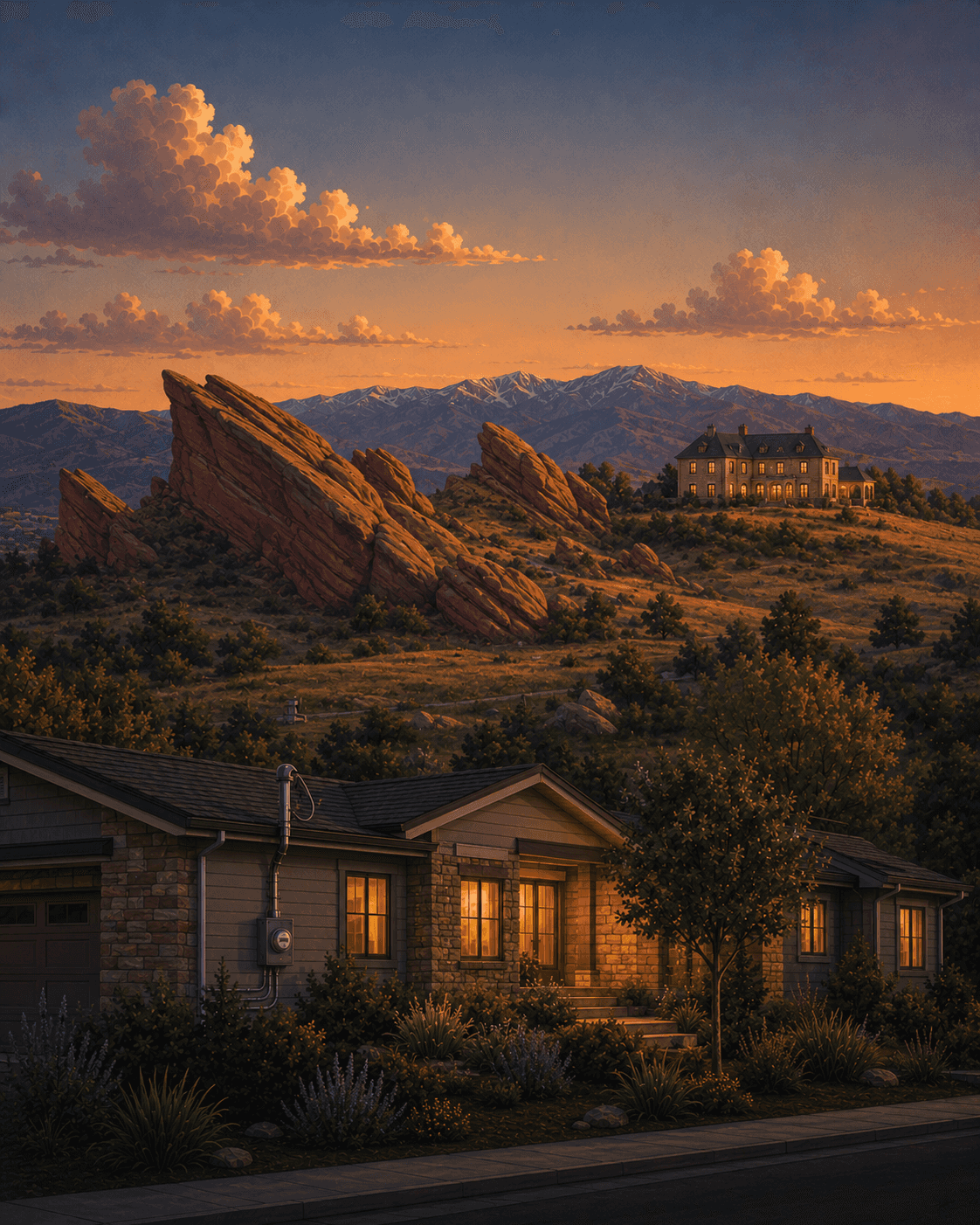 Illustrated sunset view of Ken Caryl, Colorado: the red sandstone Dakota Hogback formations and Front Range foothills, the historic Ken-Caryl Ranch House on the hillside, and a foreground ranch home with its electrical meter and service