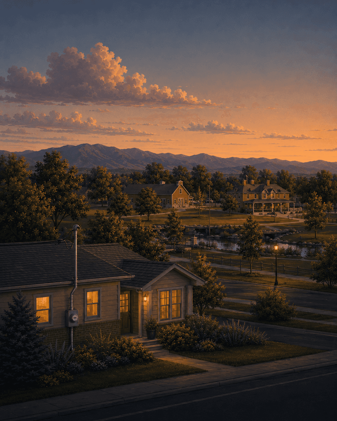 Illustrated sunset view of Lakewood, Colorado: a foreground mid-century ranch home with its electrical meter, a creek and historic brick buildings beyond, and the Front Range foothills on the horizon