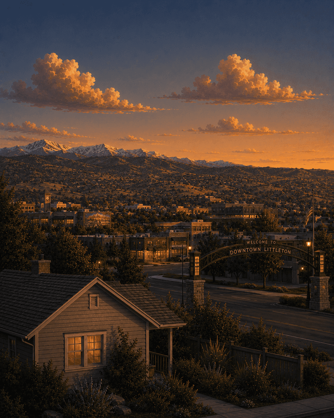 Illustrated sunset view of Littleton, Colorado: a postwar mid-century home in the foreground, the 'Welcome to Downtown Littleton' arch over Main Street with the historic downtown behind, and the snow-capped Front Range at dusk