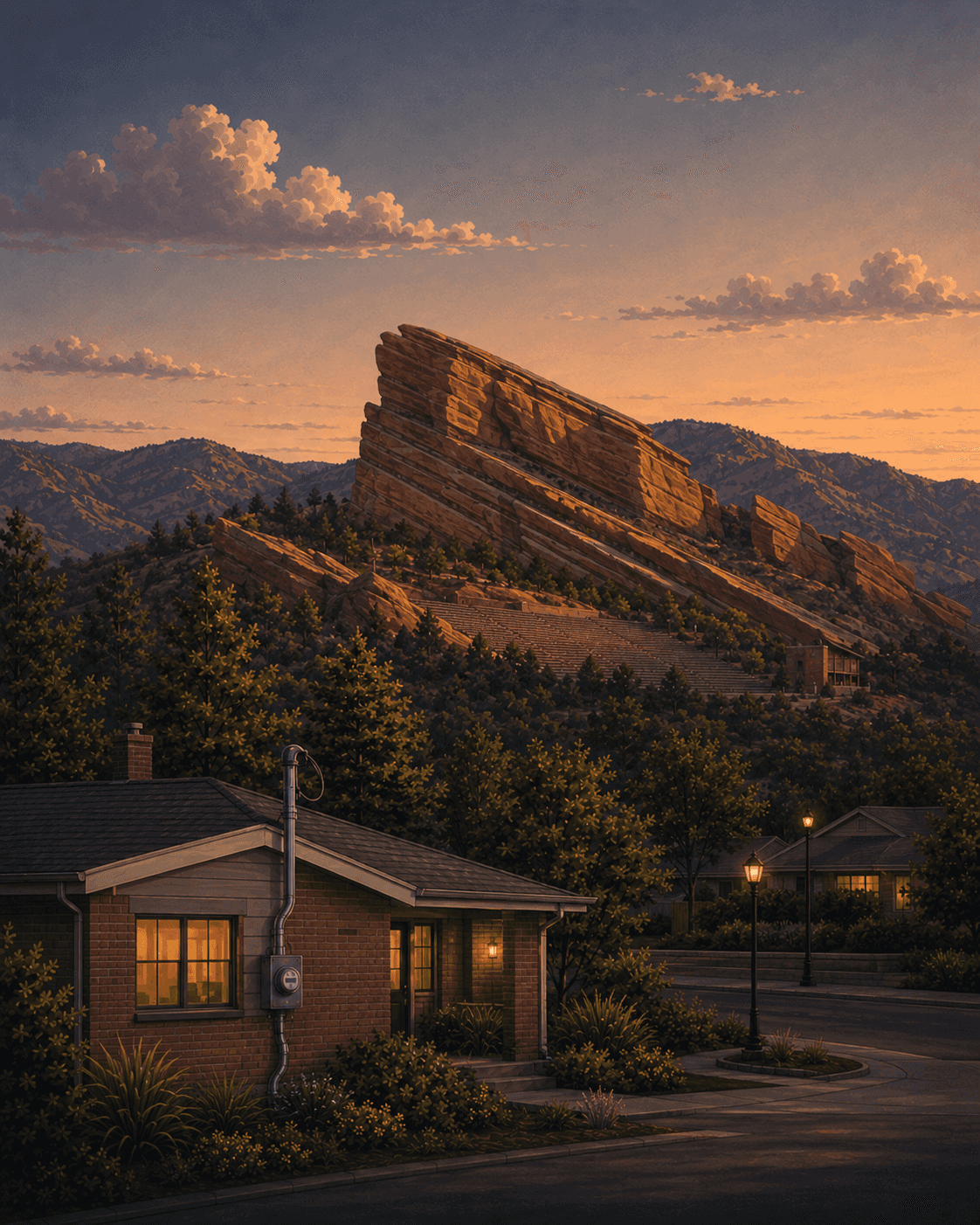 Illustrated sunset view of the Morrison area, Colorado: the tilted red sandstone rock formations above the foothills, and a foreground mid-century brick ranch home with its electrical meter and conduit on the wall