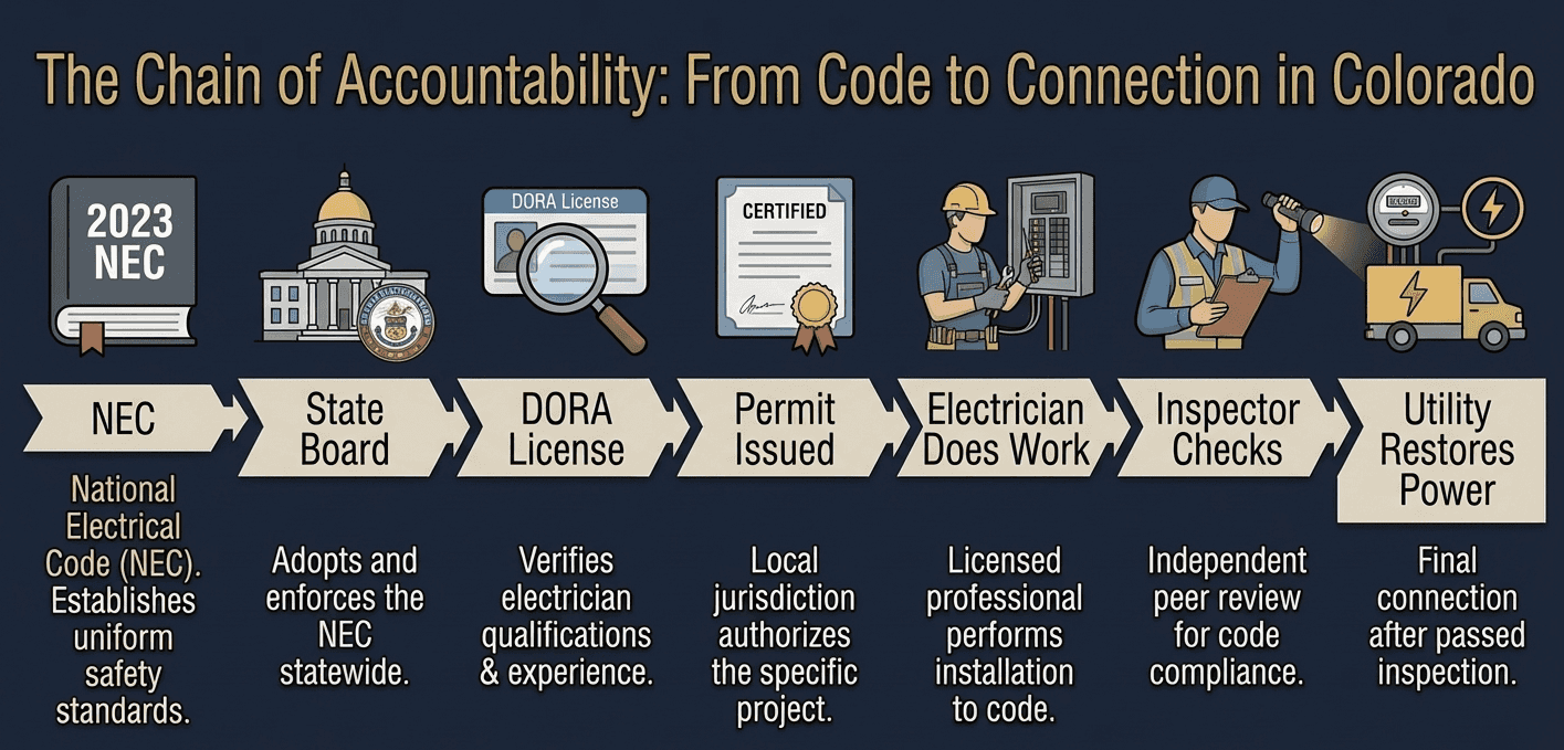 Infographic: The Chain of Accountability from Code to Connection in Colorado. Seven steps shown left to right: NEC establishes uniform safety standards, State Board adopts and enforces the NEC statewide, DORA License verifies electrician qualifications and experience, Permit Issued by local jurisdiction authorizing the project, Electrician Does Work as a licensed professional performing installation to code, Inspector Checks as independent peer review for code compliance, Utility Restores Power as final connection after passed inspection.
