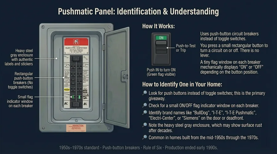Annotated Pushmatic panel identification diagram showing push-button breakers, flag indicators, and key features