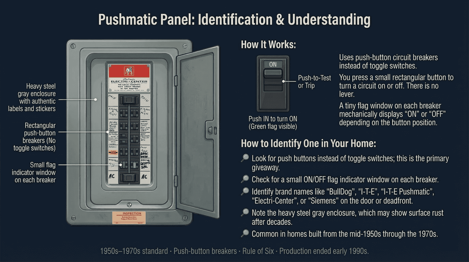 Annotated Pushmatic panel identification diagram showing push-button breakers, flag indicators, and key features