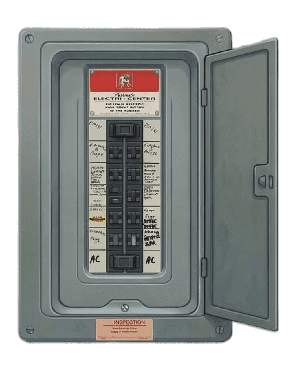 Pushmatic electrical panel illustration with push-button breakers