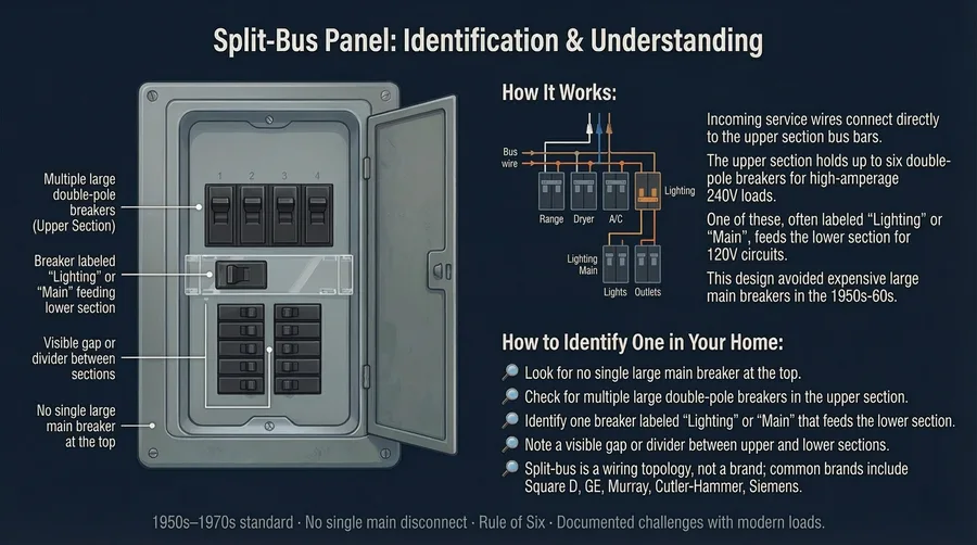 Annotated split-bus panel identification diagram showing upper and lower sections, multiple main breakers, and wiring layout