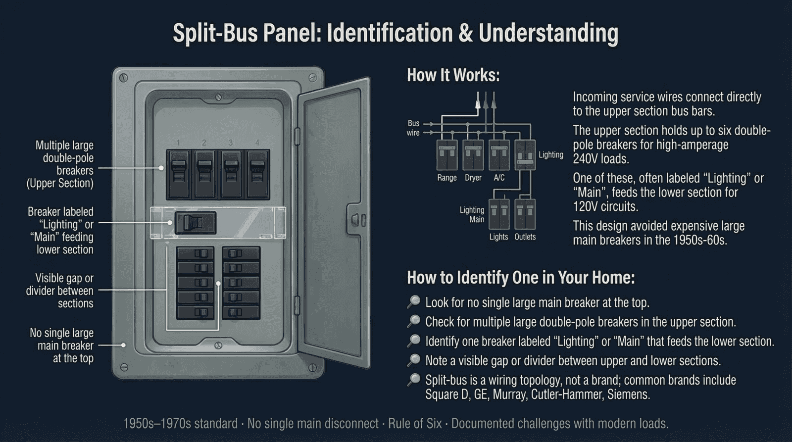 Annotated split-bus panel identification diagram showing upper and lower sections, multiple main breakers, and wiring layout