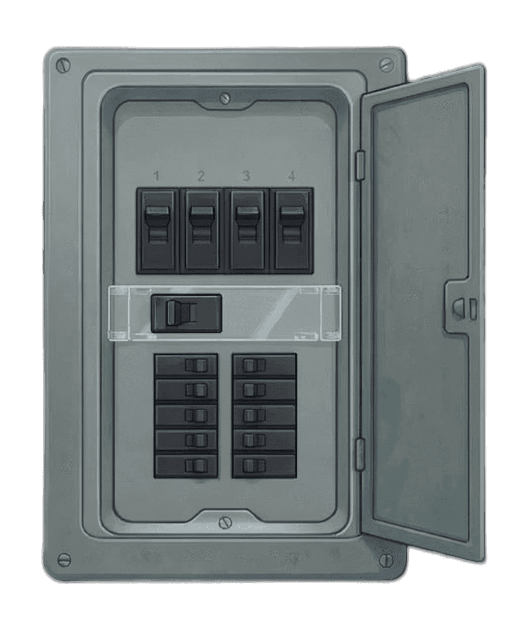 Split-bus electrical panel illustration showing multiple main breakers