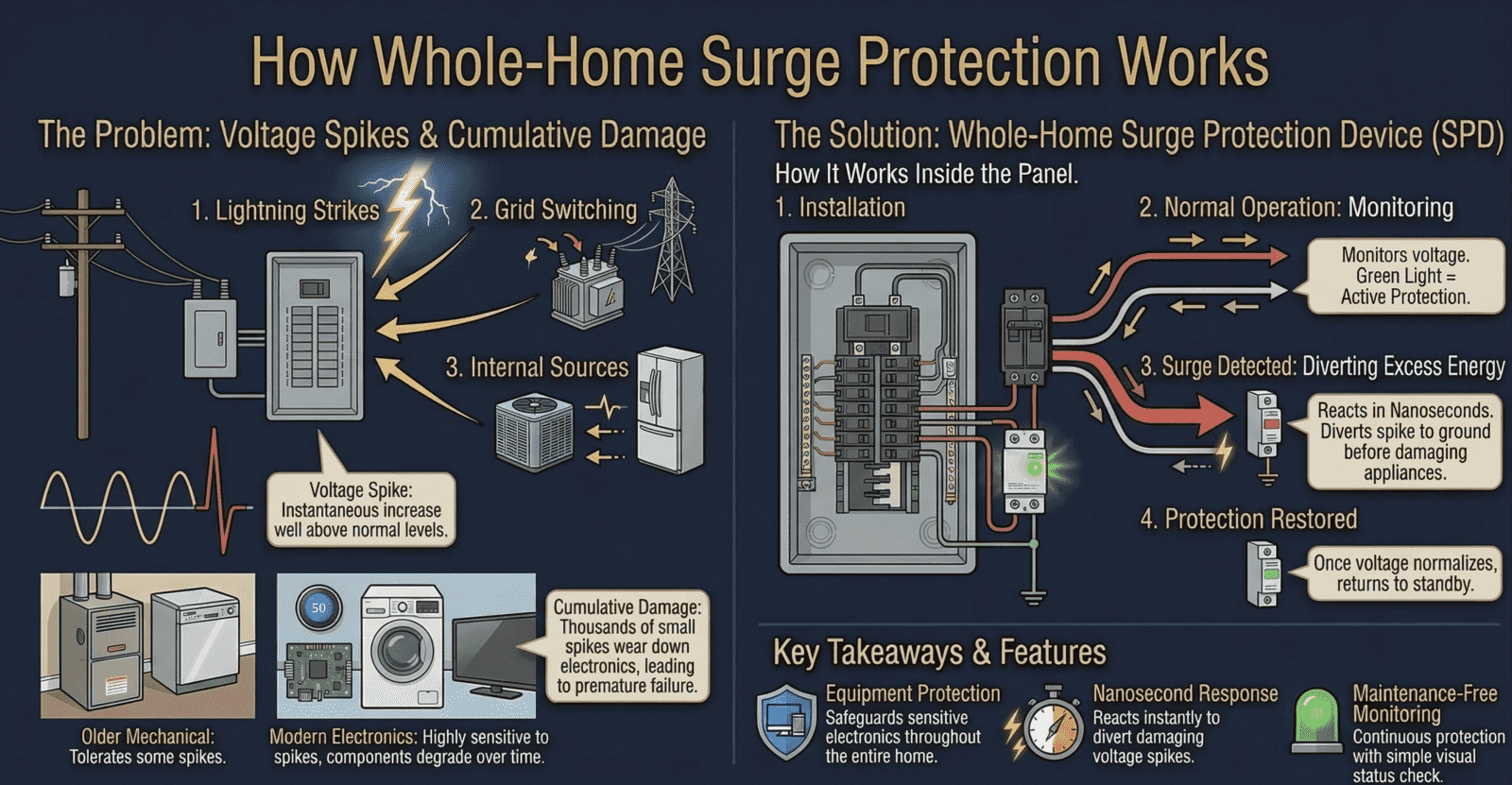 Infographic: How whole-home surge protection works. Left side shows the problem: voltage spikes from three sources (lightning strikes near power lines, utility grid switching, and internal appliance cycling) cause cumulative damage to modern electronics that older mechanical equipment could tolerate. Right side shows the solution: a surge protective device (SPD) installed at the panel monitors voltage continuously (green LED indicates active protection), reacts in nanoseconds when a spike is detected to divert excess energy to the grounding system before it reaches appliances, then returns to standby monitoring once voltage normalizes.