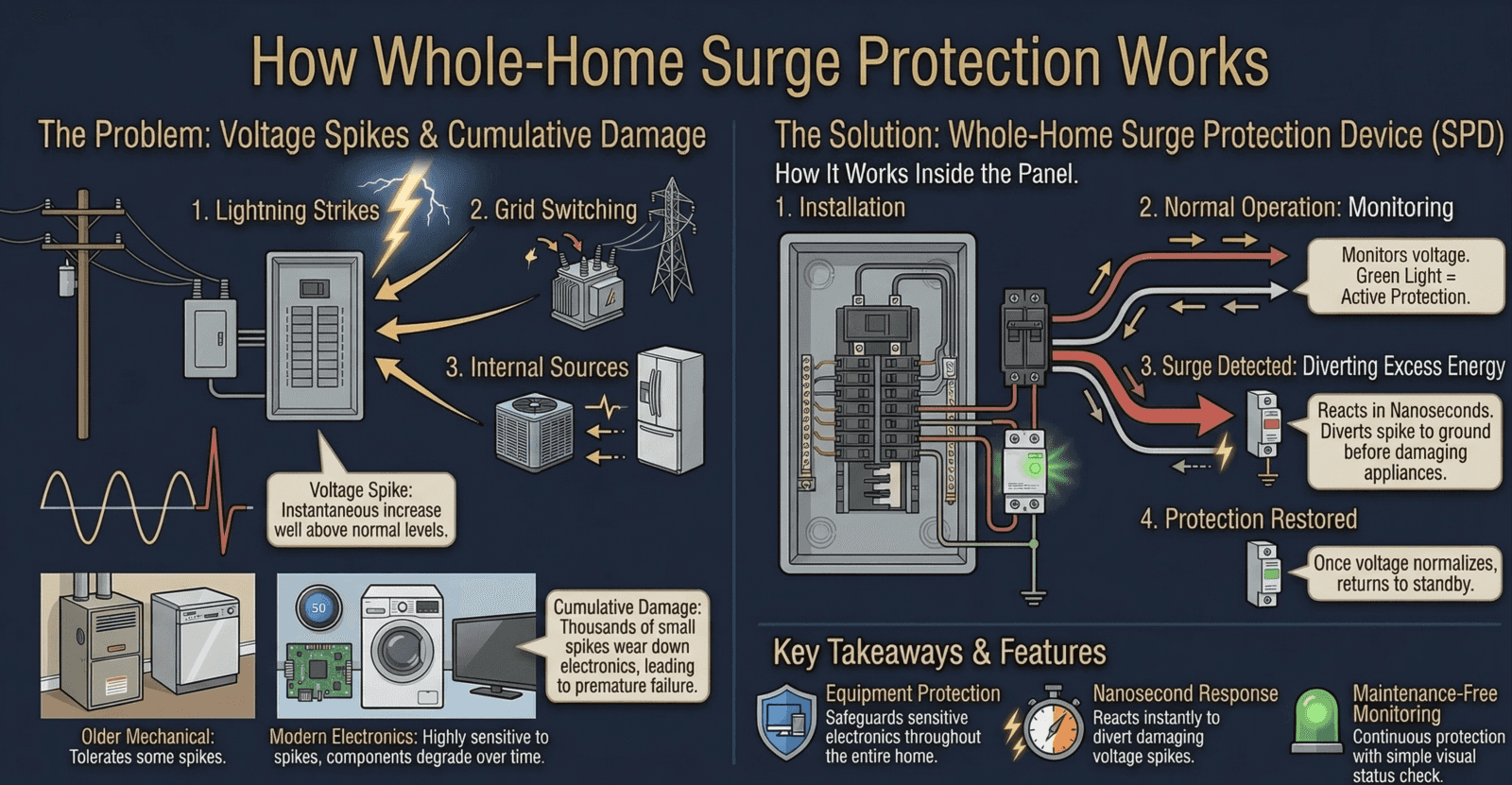 Surge protection infographic, full size view showing voltage spike sources, SPD installation at panel, nanosecond response diverting excess energy to ground
