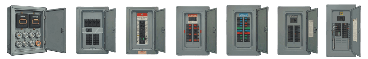 Seven electrical panel types common in Denver-area homes shown side by side: fuse boxes, split-bus panels, Pushmatic, Federal Pacific, Zinsco, Challenger, and modern panels