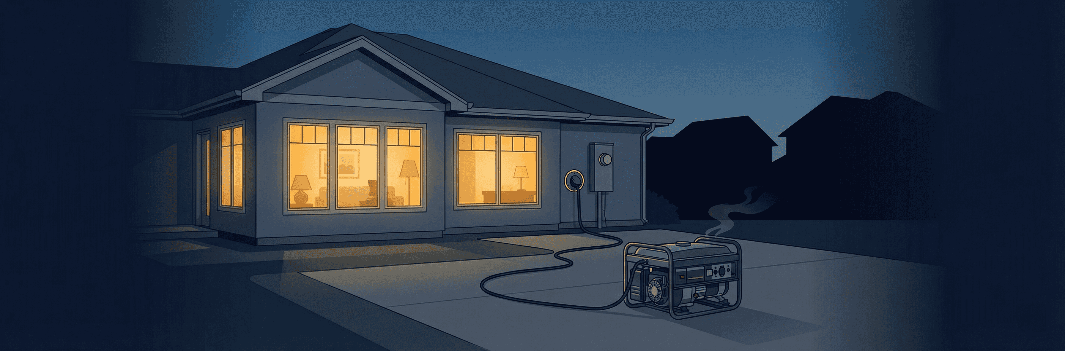 Home with warm lights during a neighborhood power outage, portable generator safely connected via transfer switch