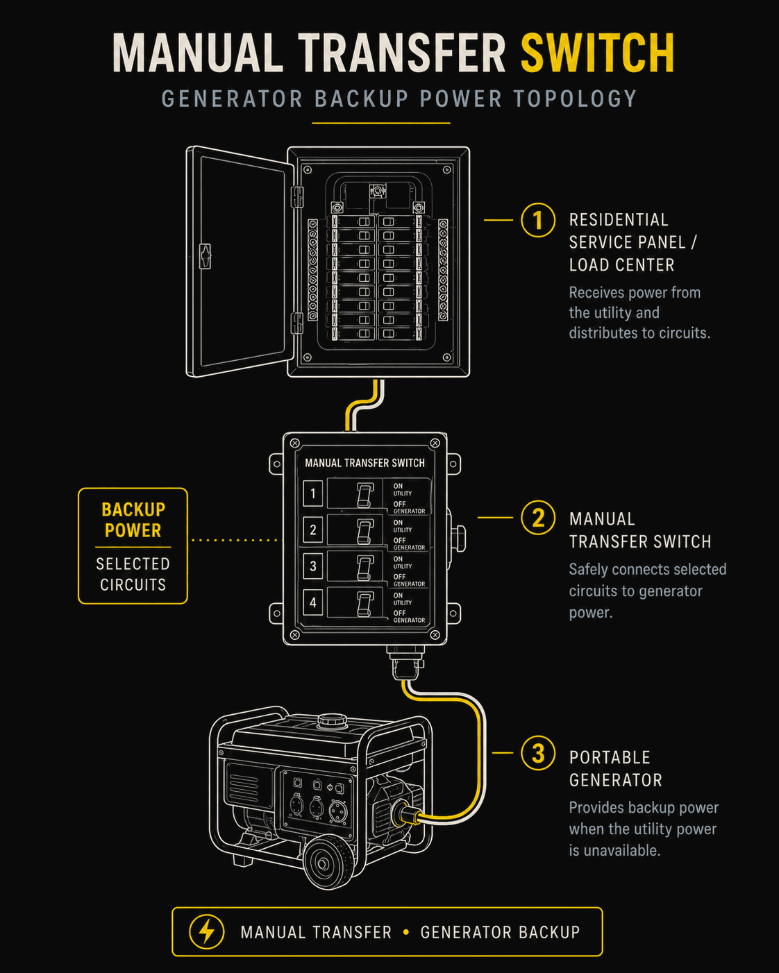 Diagram of a manual transfer switch setup: labeled residential service panel connects to a manual transfer switch which routes selected backup-power circuits to a portable generator