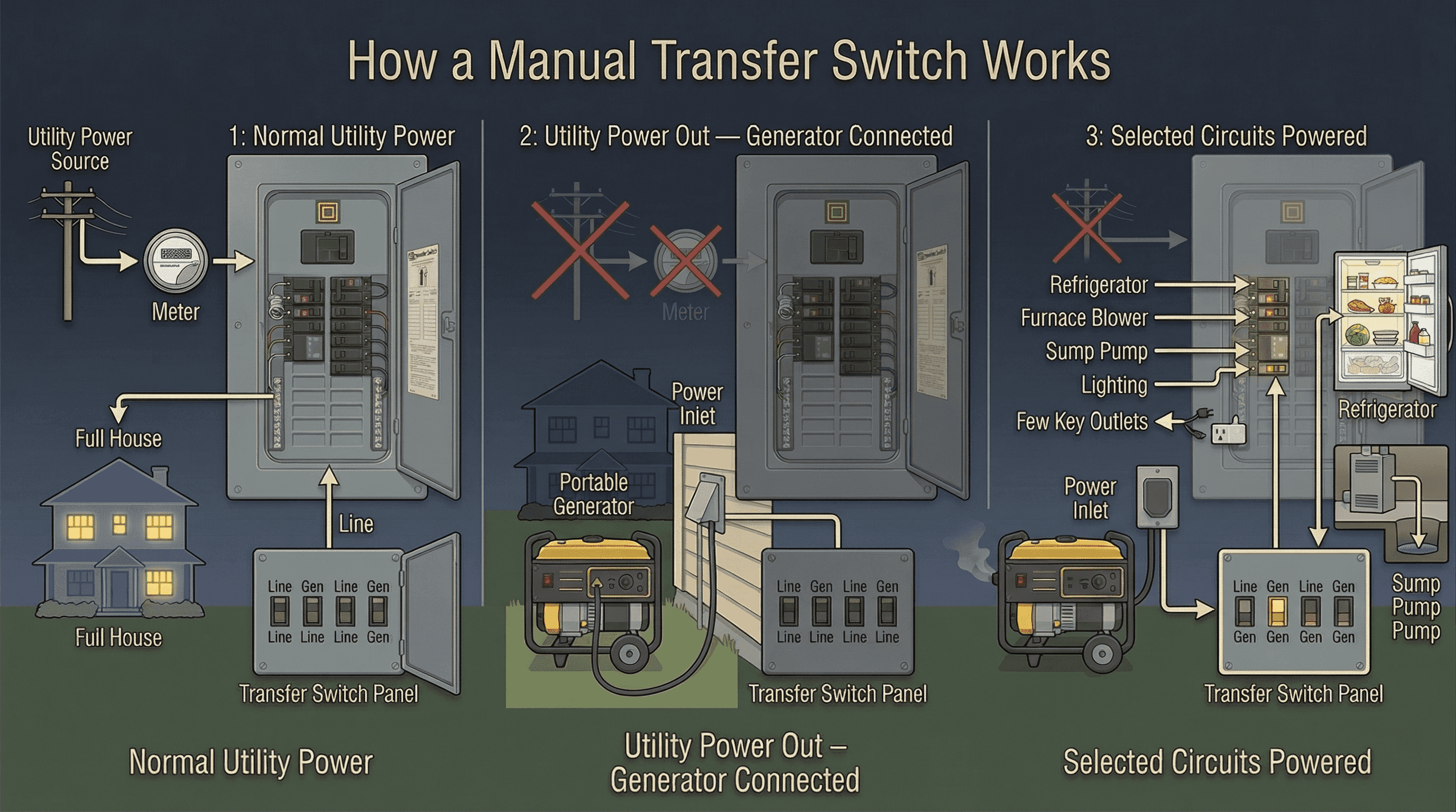 How a manual transfer switch works: three-step diagram showing normal utility power, generator connected during outage, and selected circuits powered