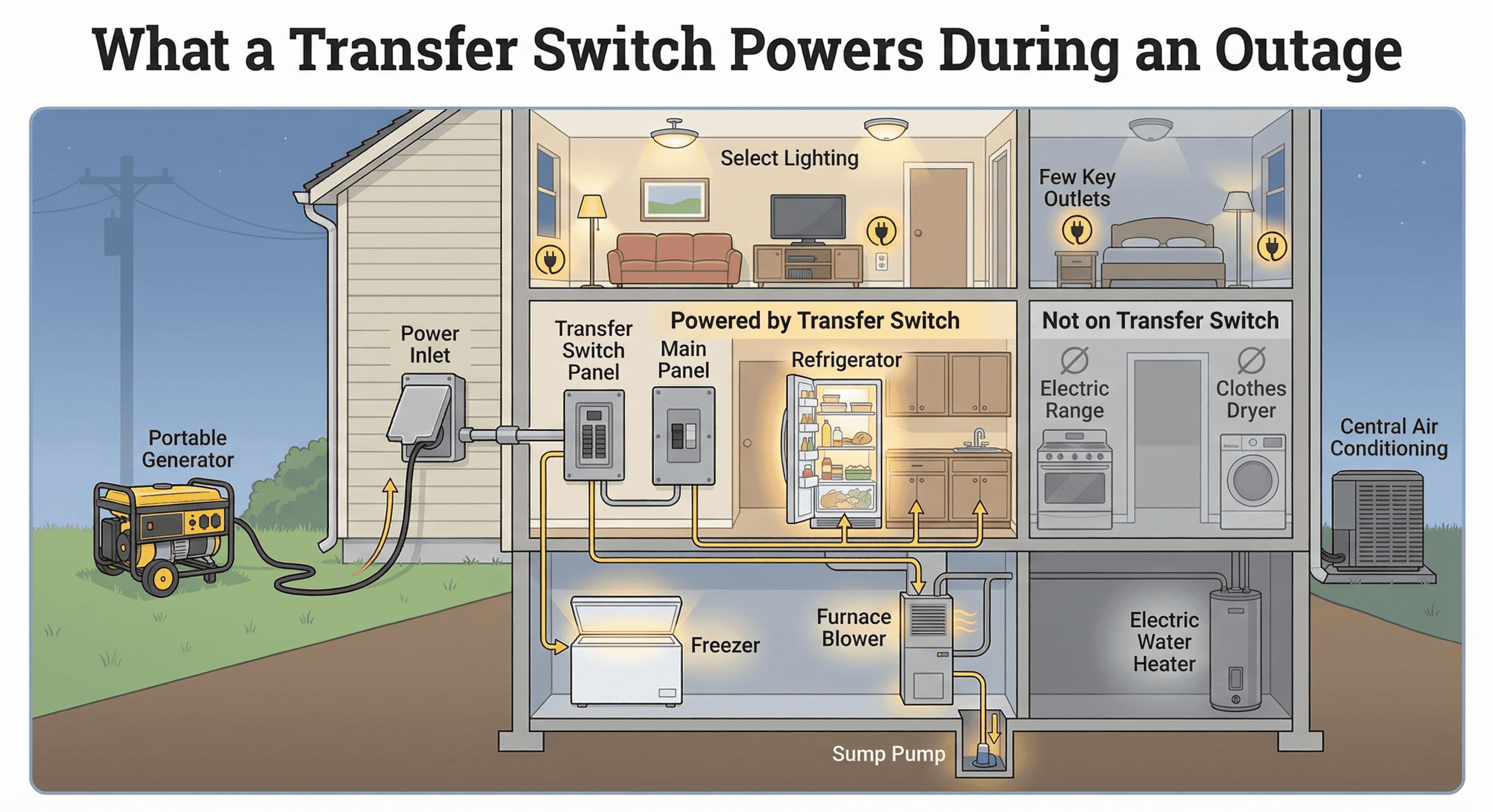 What a transfer switch powers during an outage: house cutaway showing refrigerator, freezer, furnace blower, sump pump, and lighting powered by the transfer switch, with electric range, clothes dryer, water heater, and central air not connected