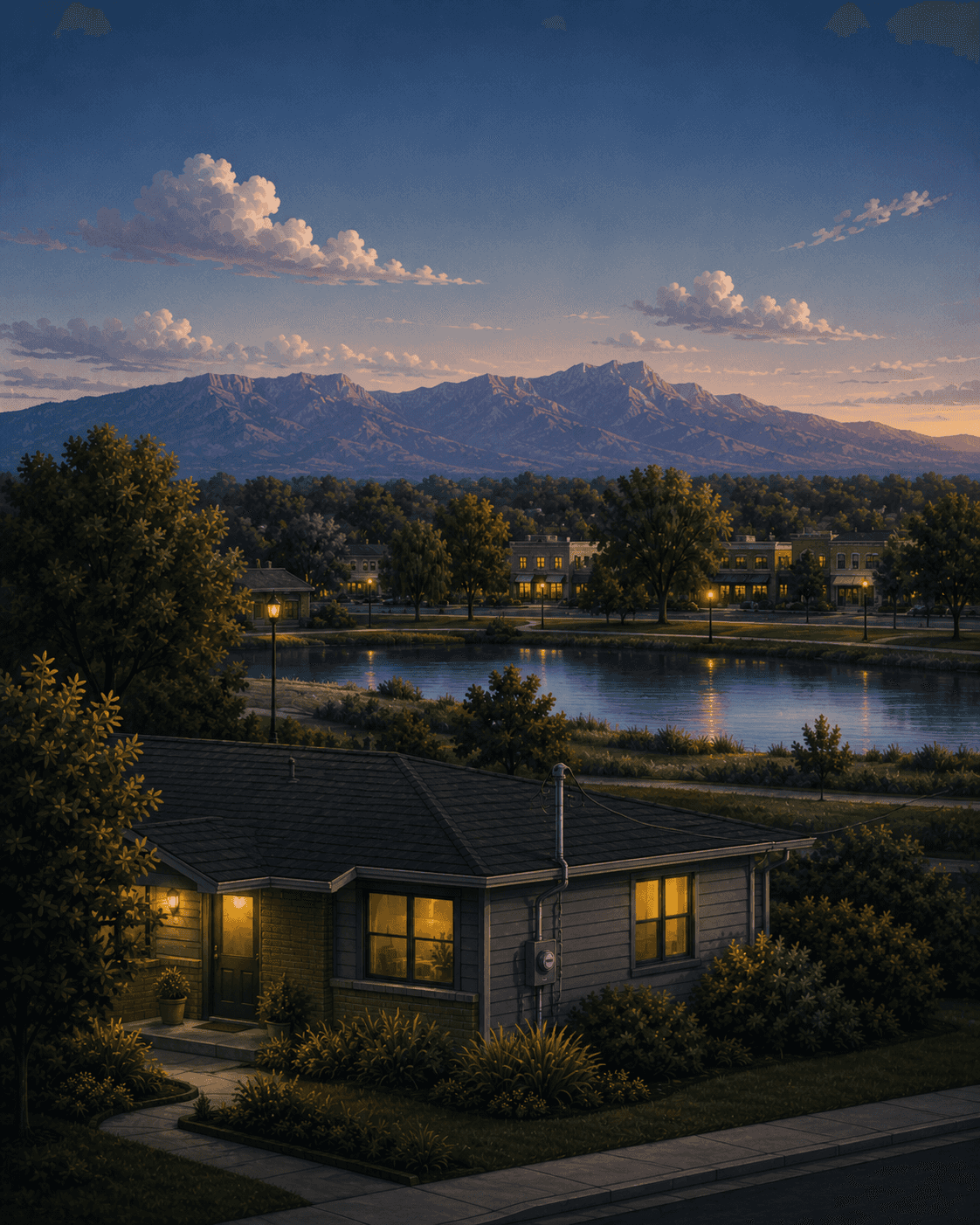 Illustrated dusk view of Wheat Ridge, Colorado: a mid-century ranch home with its electrical service mast and meter in the foreground, Clear Creek and mature trees behind, a low neighborhood storefront strip, and the Front Range foothills at dusk