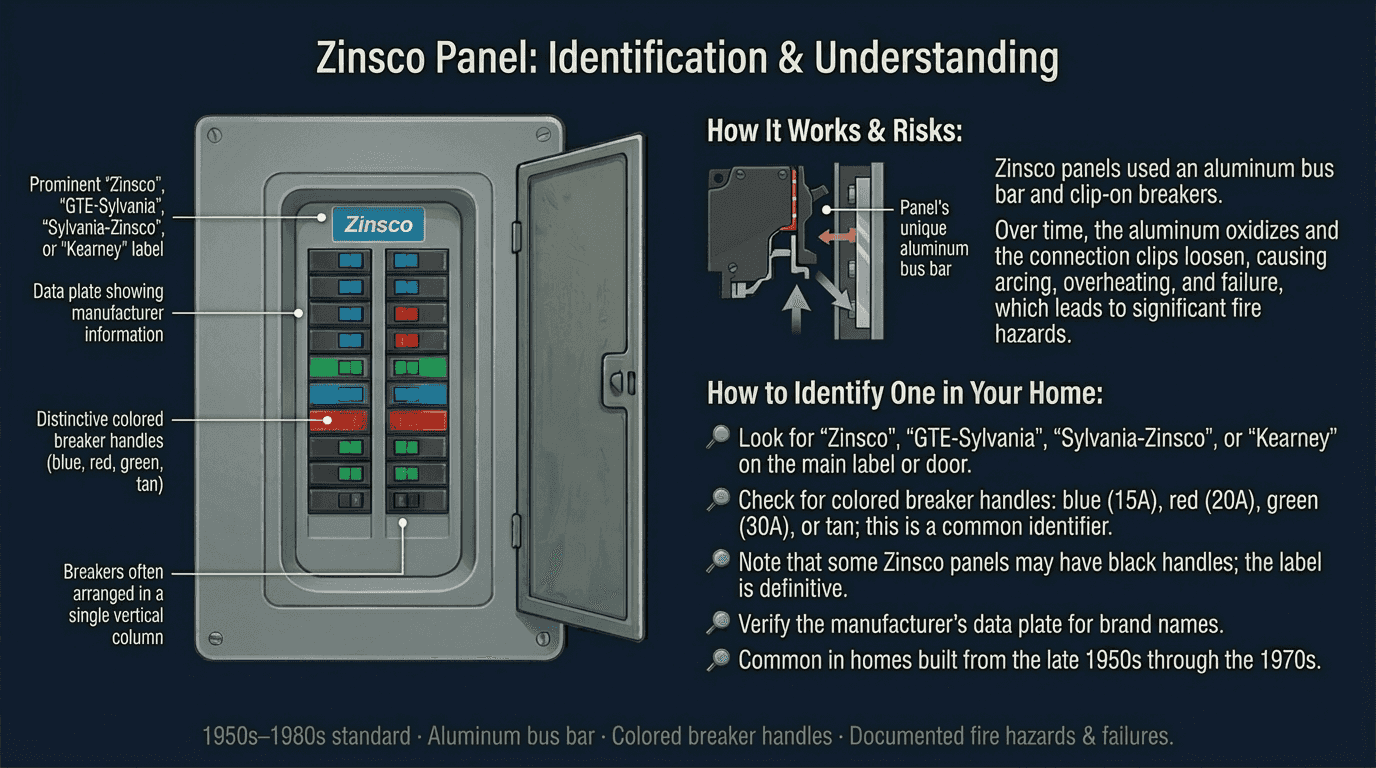 Annotated Zinsco panel identification diagram showing colored breaker handles, aluminum bus bar, and key features