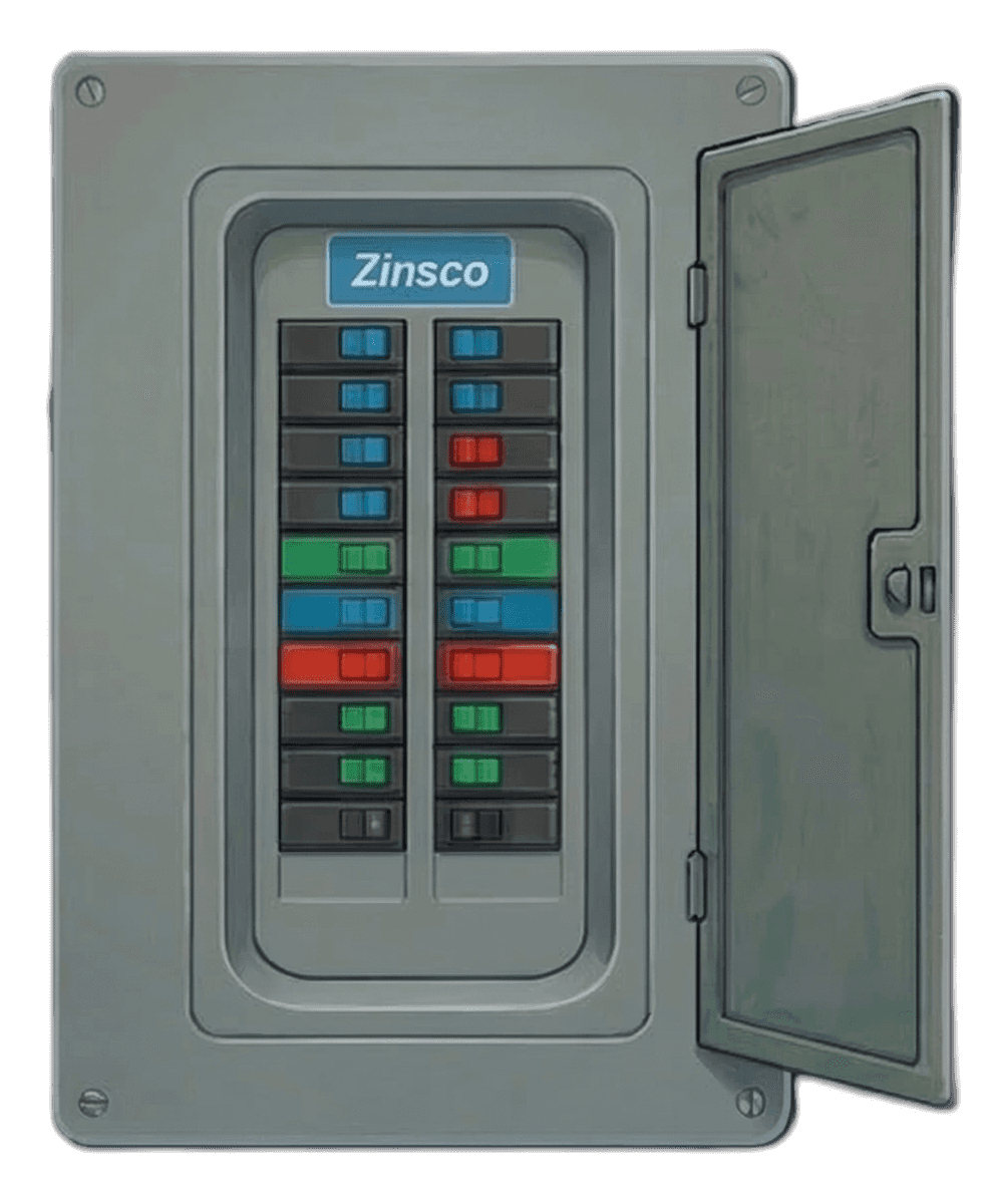 Zinsco electrical panel illustration showing colored breaker handles